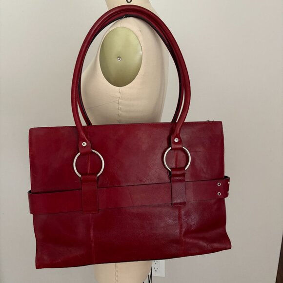 Wilson’s Leather Pelle Studio Italian Leather Red Buckle Purse Laptop Bag - Picture 2 of 14